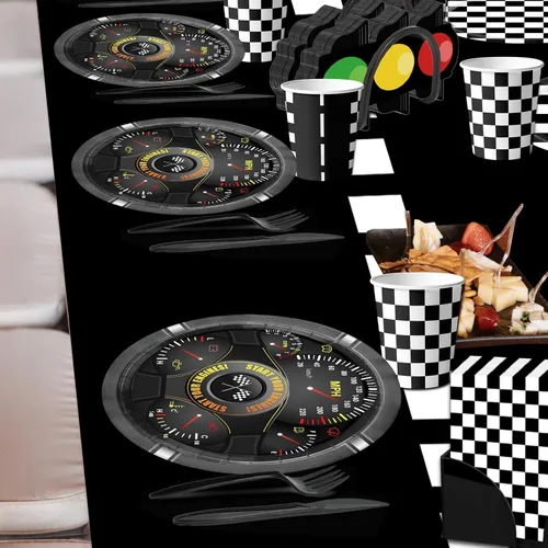 Vista 7 de Juego de vajilla de 187 piezas para decoración de fiesta de cumpleaños de coche de carreras, incluye platos de fiesta de autos de carreras