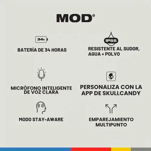 Vista 4 de Skullcandy Mod - Auriculares intrauditivos inalámbricos con Bluetooth, color gris claro/azul Bluetooth Headphones, 32 Hours Battery, Noise