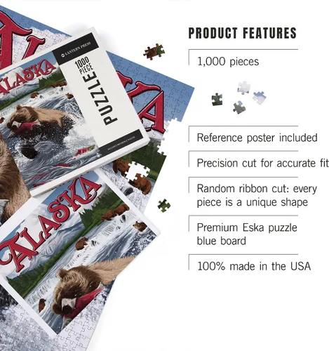 Vista 4 de Lantern Press Rompecabezas de 1000 piezas, pescado de salmón de oso grizzly, Alaska