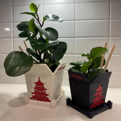 Vista 8 de Maceta para Plantas de Interior, Caja China para Llevar Blanca con Dos Palillos (Gratis) Impresa en 3D - Maceta Única para Interior con Orificio