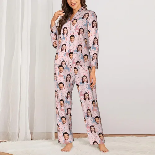 Vista 2 de Pantalones de pijama personalizados para mujeres y hombres, pijamas de franela personalizadas con foto de cara, pantalones de pijama personalizados