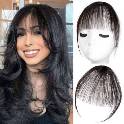 Vista 13 de Flequillo con clip, extensiones de cabello humano 100 % real, flequillo con clip para mujer, extensiones curvadas para uso diario