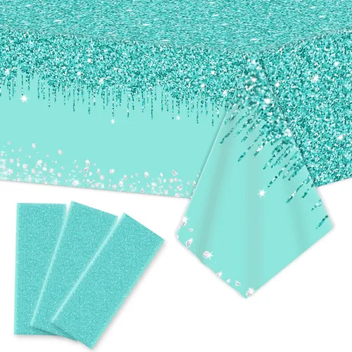 Vista 12 de 3 manteles de cumpleaños verde azulado y plateado para decoraciones de fiesta de feliz cumpleaños, cubiertas de mesa de plástico desechables