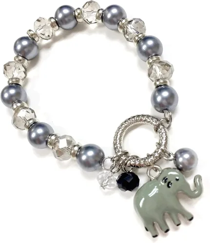 Vista 6 de Linpeng BR-2476B Fiona Pulsera elástica con cuentas de cristal y perlas con colgantes, gris claroblanco