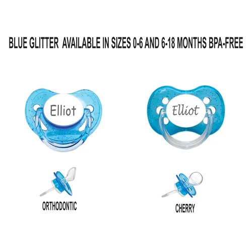 Vista 3 de Chupete personalizado con nombre, paquete de 2 unidades con purpurina azul y blanco, (disponible de 0 a 6 meses y 6 a 18 meses), chupete grabado