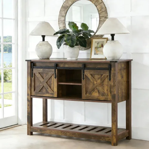 Vista 3 de Mesa de entrada de estilo granja con puertas corredizas de granero, mesa consola de madera con estante de almacenamiento, mesa de sofá rústica
