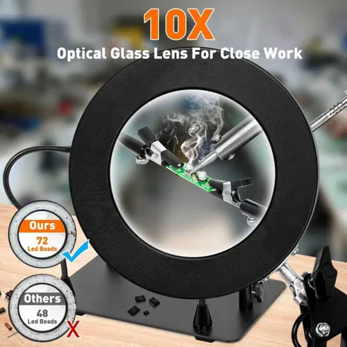 Vista 5 de Lámpara de lupa de 10 aumentos con luz y soporte, 2,200 lúmenes, luz iluminada con atenuación sin escalones en 3 colores, 4 pilares de PCB y lámpara
