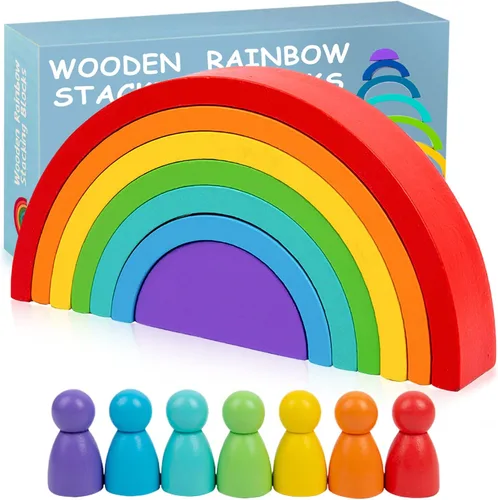 Vista 8 de TUOWITA Juguete apilable de madera arco iris, juego grande de arco apilador de madera, bloques de construcción de arco Montessori, bloques