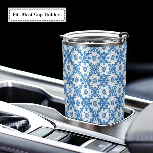 Vista 5 de Taza de acero inoxidable azul con patrón floral de copo de nieve, tapa a prueba de fugas y tazas de paja para café para la escuela, deportes