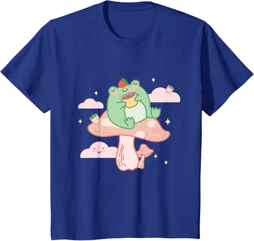 Vista 47 de Kawaii Strawberry Frog On Mushroom - Camiseta de manga corta de anime, Azul / Patchwork, S Azul Pastel