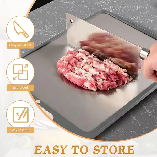 Vista 10 de Tabla de cortar de doble cara, tabla de cortar de acero inoxidable para cocina, grado alimenticio, acero inoxidable y paja de trigo PP, tabla