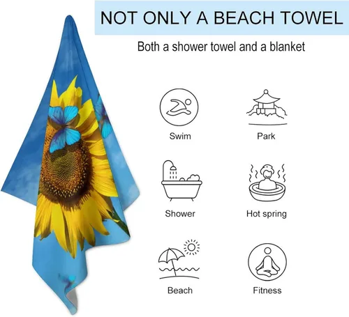 Vista 3 de Toalla de playa con diseño de girasol y mariposa, toalla de baño de calidad de hotel de lujo, para adultos, niños, baño, playa, gimnasio, natación