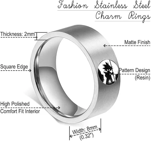 Vista 2 de YWDREAM Anillos de anime para hombres, joyería de anime, anillo giratorio de acero inoxidable negro, tamaño 6 a 13, Acero inoxidable, Resina