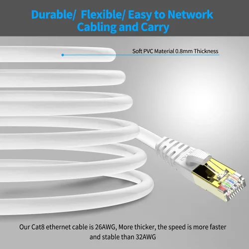 Vista 6 de KASIMO Cable Ethernet CAT 8 blindado SFTP para red de Internet, cables LAN de alta velocidad resistentes con conector RJ45 chapado en oro