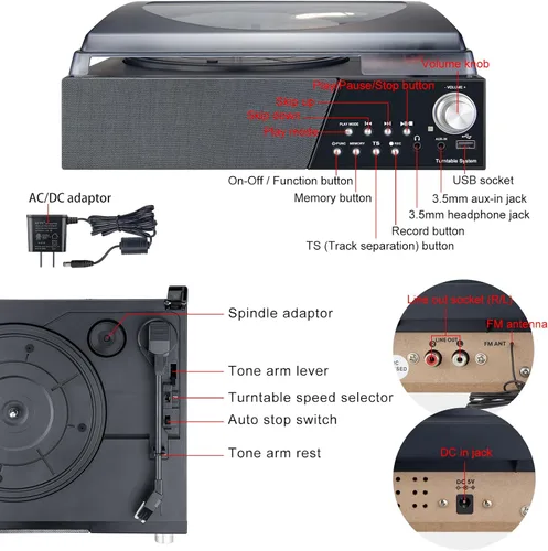 Vista 7 de LUXSWAY Tocadiscos, tocadiscos con altavoces estéreo para discos de vinilo, Bluetooth vintage de 3 velocidades, control remoto, radio