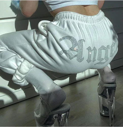 Vista 2 de ECDAHICC Pantalones deportivos de mujer con diamantes de imitación de cintura alta elástica Harem Hip Hop Jogger Pantalones deportivos de calle