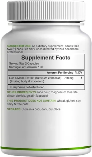Vista 3 de Suplemento de hongo Lions Mane, 240* cápsulas – Cuerpo fructífero activo y extracto de micelio – Nootrópico natural para el cerebro y potenciador
