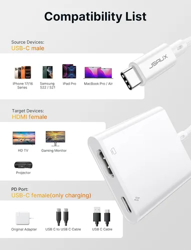 Vista 7 de JSAUX Adaptador USB C a AV digital, 2 en 1 USB C a HDMI 4K a 30Hz y carga de 100 W compatible con iPhone 17 Pro Max/Air/16 Pro Max/16/15 Pro Max/15