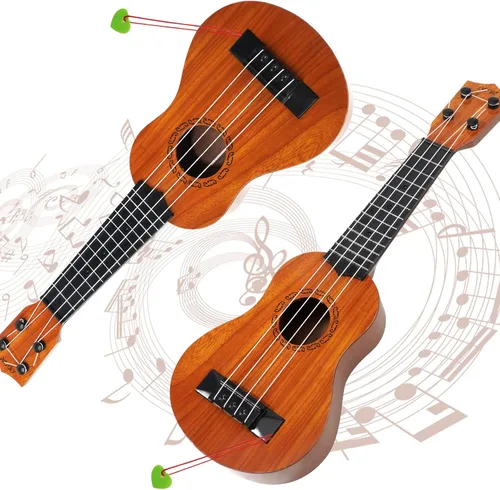 Vista 2 de Raimy Guitarra ukelele de 17 pulgadas para niños, 4 cuerdas, mini guitarra para niños, instrumentos musicales, juguetes educativos con púas