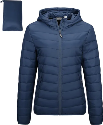 Vista 24 de Outdoor Ventures Chaqueta Puffer Ligera Empacable para Mujer con Cremallera Completa y Capucha, Abrigo de Invierno Acolchado Verde militar