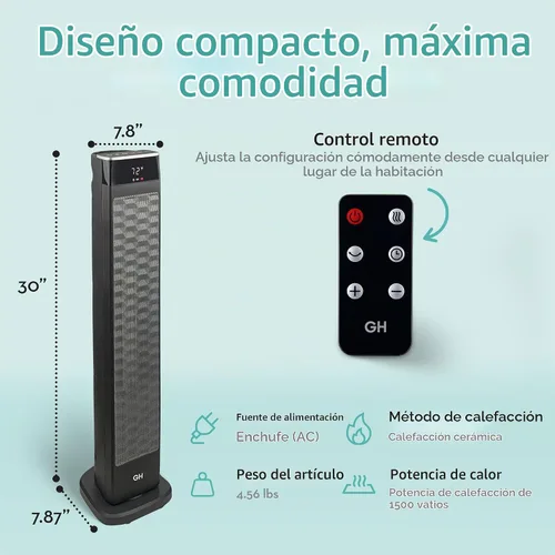 Vista 3 de Good Housekeeping, calefactor de torre oscilante de cerámica para espacio con control remoto, 30 pulgadas, Negro