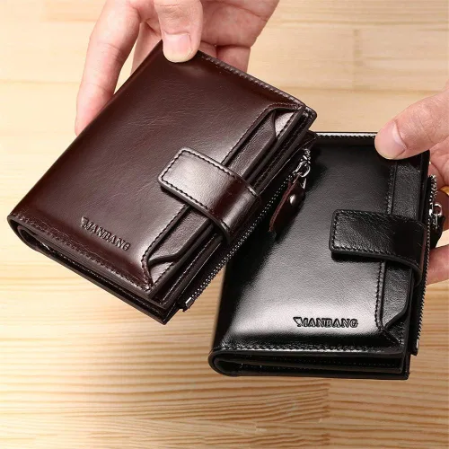 Vista 2 de JIUFENG Cartera de cuero genuino para hombre, con bloqueo RFID, plegable, con cremallera, organizador de tarjetas, recortador de dinero, Negro