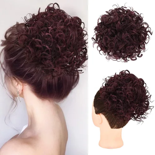 Vista 8 de HOOJIH - Moño desordenado para el pelo, pieza de pelo con cordón elástico, onda suelta, gran moño rizado, corto, extensión de cola de caballo Negro
