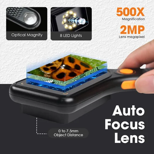 Vista 2 de Microscopio digital de mano con enfoque automático con pantalla IPS de 3 pulgadas e iluminación LED, lupa portátil microscopio USB con tarjeta TF
