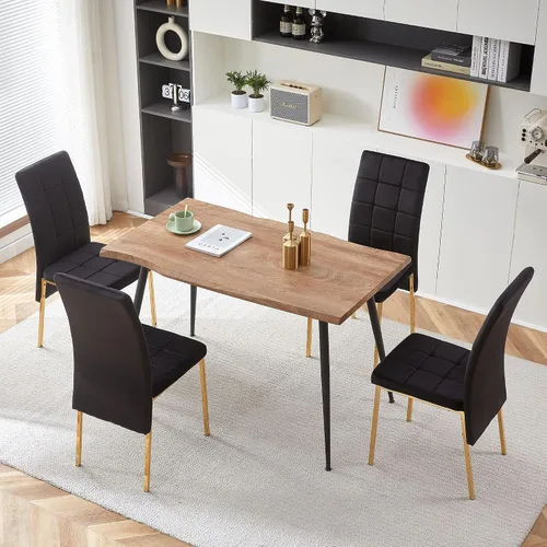 Vista 5 de Howtek Juego de mesa de comedor rectangular para 4, moderno de mediados de siglo con 4 sillas de cocina de terciopelo tapizado negro, juego de mesa