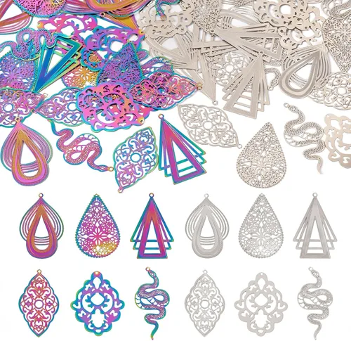 Vista 10 de FASHEWELRY 50 piezas de conectores de filigrana de mariposa de acero inoxidable, adornos de metal grabados con arco iris para fabricación de joyas