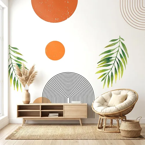 Vista 16 de Calcomanías de Pared Bohemias de Mediados de Siglo Modernas Despegar y Pegar, Pegatinas de Vinilo de Pared de Arcos Grandes Sol, Hojas Plantas