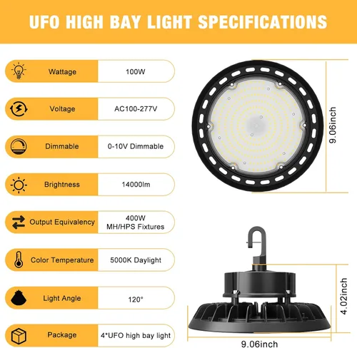 Vista 6 de UFO - Luz LED de alta bahía de 100 W, luces LED de alta bahía de 14,000LM, 0-10 V, regulable, cable de 6 pies con enchufe estadounidense, gancho