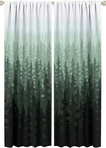 Vista 23 de BAEKJIN Cortinas verdes de bosque brumoso, acuarela, naturaleza, paisaje, plantas, árbol, bolsillo para barra, opacas, tratamiento de ventana