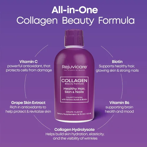Vista 4 de Rejuvicare Fórmula de belleza de colágeno líquido con aminoácidos, proteínas y biotina, delicioso sabor a uva, morado 16 onzas, 32 porciones
