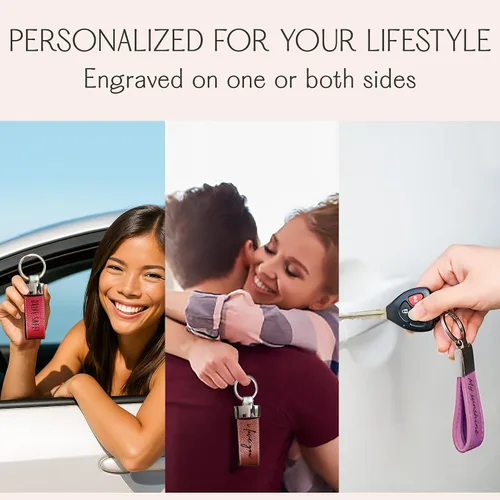 Vista 5 de Llaveros personalizados con nombres, fechas o foto Llavero personalizado de cuero de primera calidad Llavero seguro para él o ella