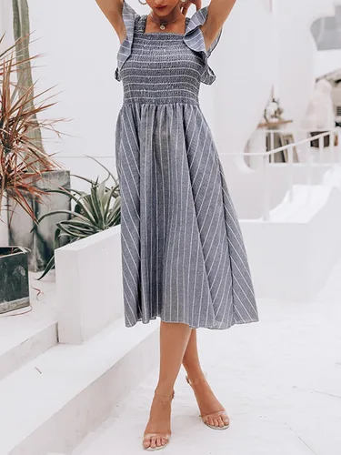 Vista 4 de Miessial Vestido midi de verano para mujer, casual, manga corta, vestido de lino fruncido 2025, vestido bohemio para invitados de boda con bolsillos