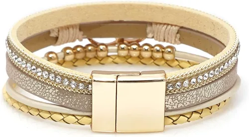 Vista 5 de Wovanoo Pulseras de cuero multicapa, pulseras envolventes de múltiples hebras, hechas a mano, brazalete de cuerda trenzada con hebilla magnética