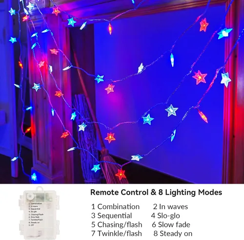 Vista 4 de Luces decorativas del 4 de julio, color rojo, blanco y azul, funciona con pilas, 50 LED, cadena patriótica de estrellas de 20 pies, 8 modos