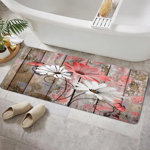 Vista 35 de JAWO Alfombra de baño con flores de granja, dalia en tablones de madera rústica, juego de tapetes de baño con flores azules, en forma de U