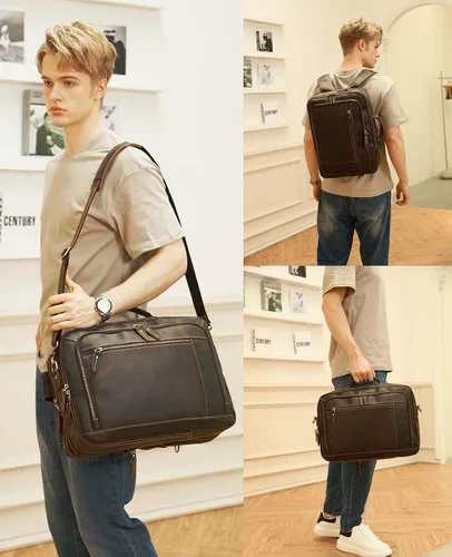 Vista 2 de Mochila vintage de cuero expandible 2 en 1 para hombre, maletín cruzado de hombro grande, mochila de viaje para trabajo, senderismo, para laptop