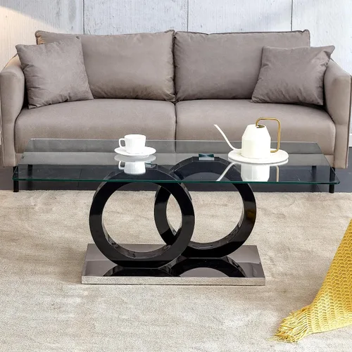 Vista 9 de Mesa de centro de cristal para sala de estar, mesa moderna de vidrio templado y patas de MDF, pequeña mesa de centro moderna (negro, estilo 1)