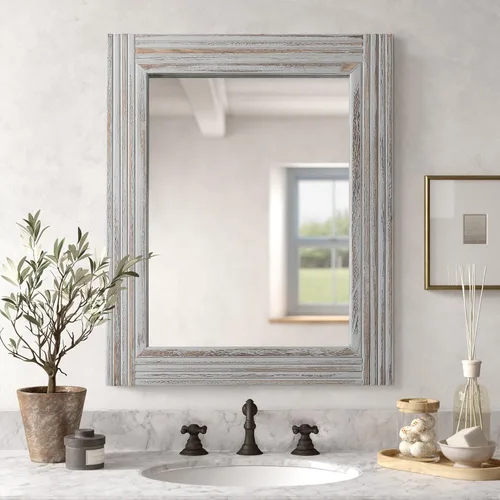 Vista 12 de Espejo de pared de madera empalmada hecha a mano para baño, espejo de tocador rústico estilo granja, arte de pared de decoración, marco de madera