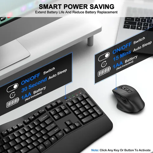 Vista 6 de Combo de teclado y mouse inalámbricos, teclado ergonómico de tamaño completo 2.4G con diseño de teclas onduladas y reposamuñecas, mouse ergonómico