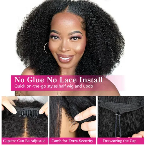 Vista 6 de Wear & Go Pelucas de cabello humano afro rizado sin pegamento, media peluca para mujeres negras, sin costuras, rizado, corte Bob Pixie, peluca