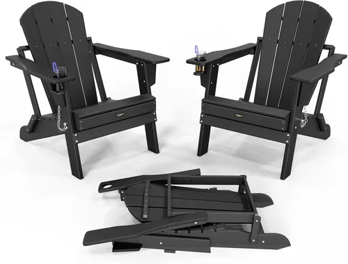 Vista 11 de VINGLI Sillas Adirondack de plástico, plegables con soporte para tazas, material de polietileno de alta densidad impermeable, cómoda capacidad