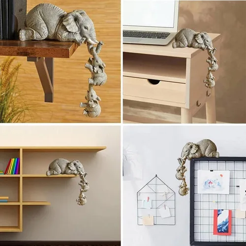 Vista 9 de Linda estatua decorativa de elefante, para madre y dos bebés, figuras colgantes para mesa, colección pintada a mano, escultura de resina animal
