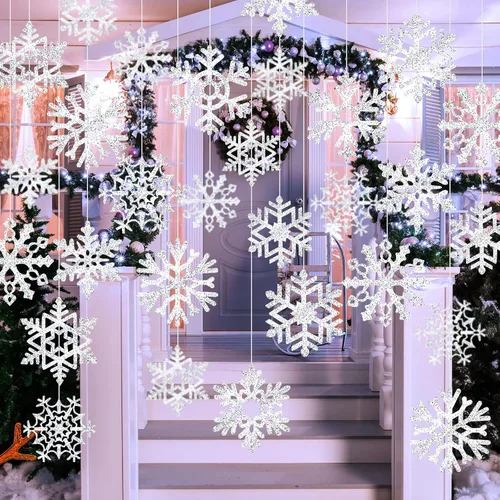 Vista 5 de Zonon 45 piezas de decoración de copos de nieve, recortes de papel de copo de nieve de Navidad de invierno con punto de pegamento para tablón