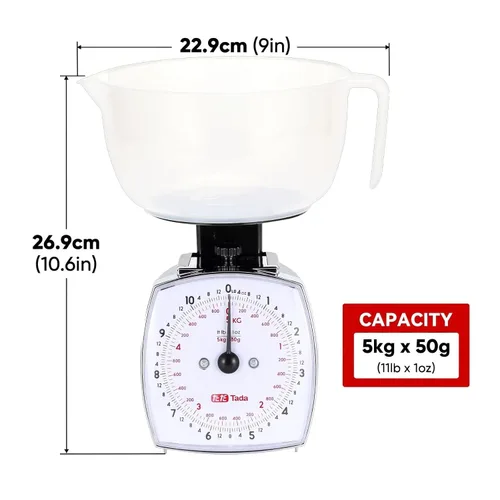 Vista 2 de Tada - Báscula analógica de alimentos de 11 libras con esfera mecánica Taza de medición extraíble, función de tara