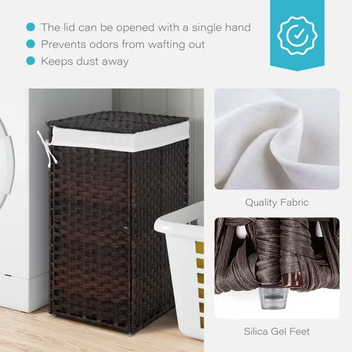 Vista 5 de Cesta de ropa con tapa, cesta de lavandería de 90 litros con tapa, cestas grandes para lavandería con 2 bolsas extraíbles con forro, cesta de Marrón