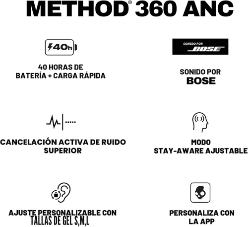 Vista 12 de Skullcandy Method 360 ANC Auriculares Inalámbricos, Sonido por Bose, Auriculares Bluetooth, Cancelación de Ruido Premium, Hasta 40 Horas de Batería